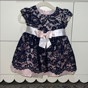 Bonnie Baby Navy and Pink Lace Dress and Pink Tulle with Pink Bow